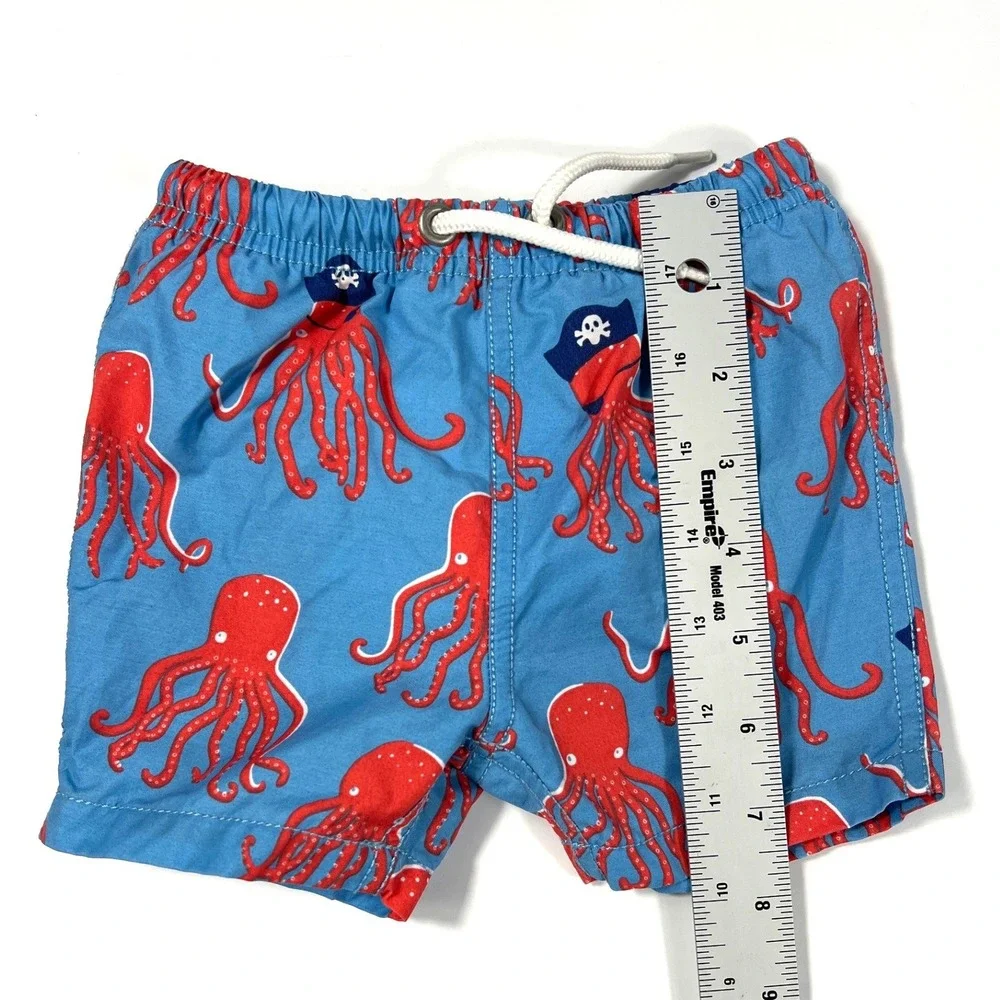 Baby Boden Octopus Pirate Print Swim Trunks Blue Red 3-6 Months Beach Summer EUC